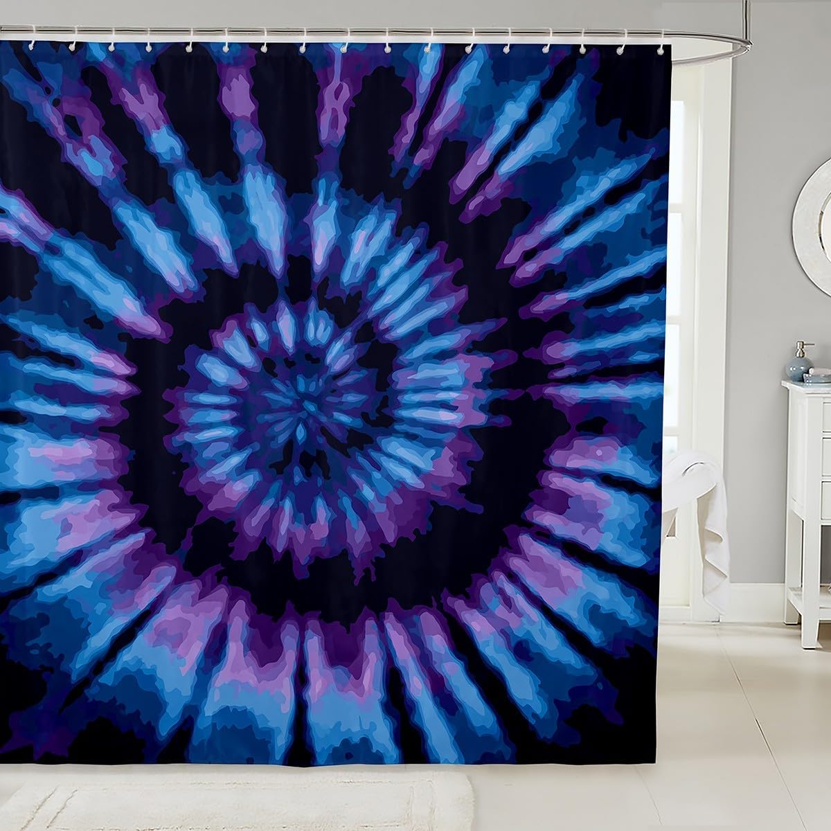 

Tie Dye Shower Curtain Blue Purple Spiral Swirl Shape Trippy Abstract Artistic Hippie Bathroom Decor With Hooks W60H190(CM)-1 Pcs