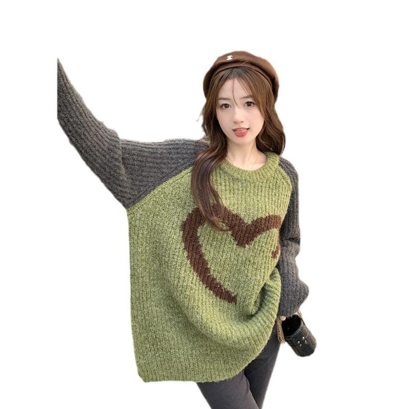 Design sense love color matching thickened sweater women's autumn and winter loose lazy style long ragged sleeves knitted sweater top