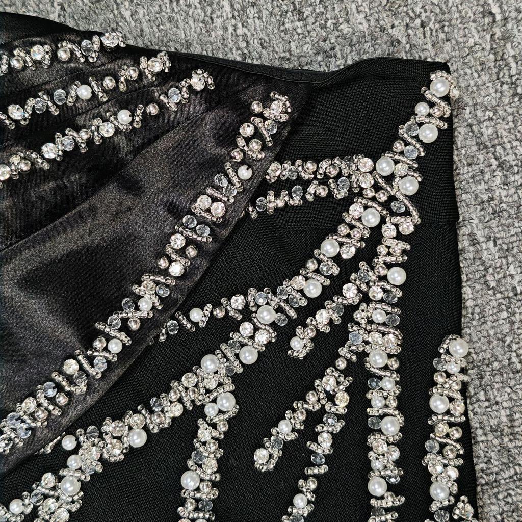 Elegant Handmade Beaded Off-the-Shoulder European & American Bandage Evening Dress