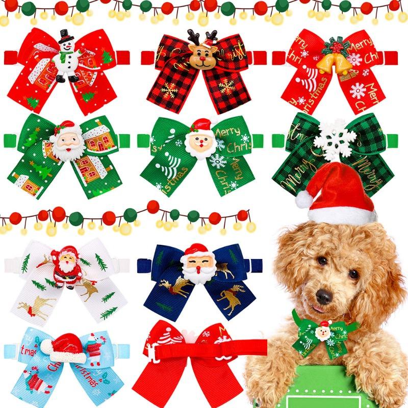 8pcs Christmas Santa Claus Doll Pet Dog Dog Cat Bow Tie Accessories Christmas Tree Decoration Adjustable Pet Red Collar