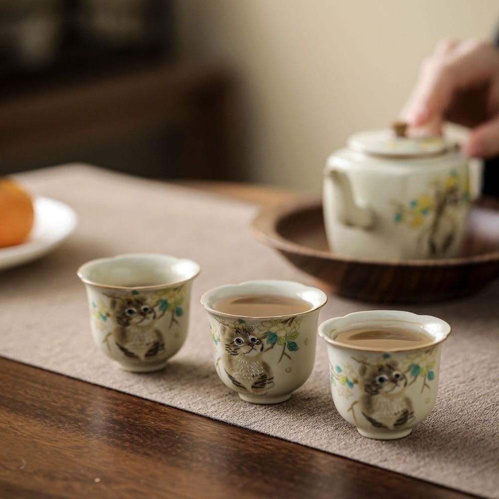 Ceramic Ru Kiln Gaiwan Chinese Style Hand Grasping Tea Maker Cute Cat Tea Tureen  Tea Ceremony