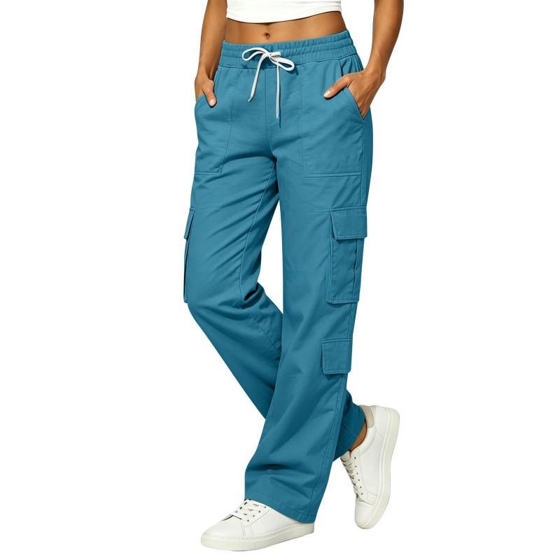 2026 Cotton Linen Blend Cargo Pants Women Multi Pocket Straight Leg Casual Trousers