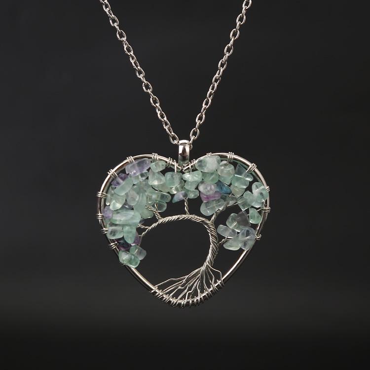 Seven-Color Heart-Shaped Tree of Life Necklace with Natural Stone Crystals