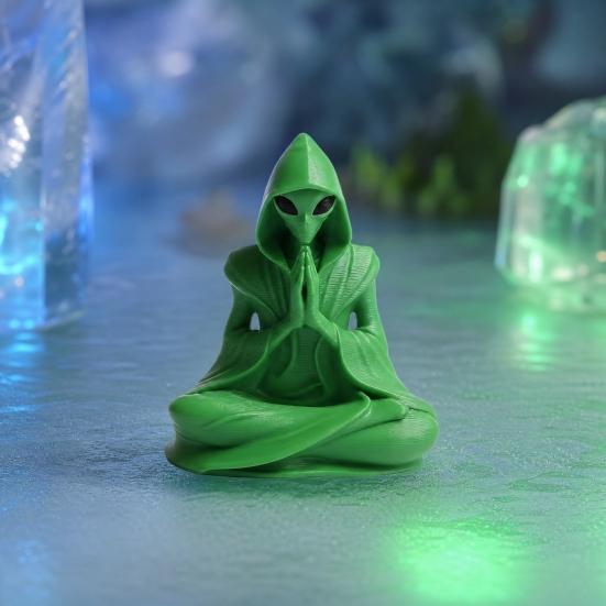 3D Printed Alien Meditation Statue, Zen Desk Decor Ornament, Cute Extraterrestrial Figurine for Home Office, Sci Fi Gift