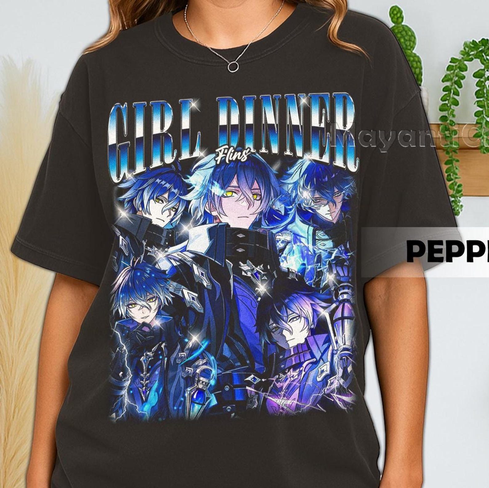 Retro 90 s Comfort Colors Girl Dinner Flins T-Shirt, Girl Dinner Flins Genshin Impact Gaming Graphic T-Shirt, Gift For Women and Man L