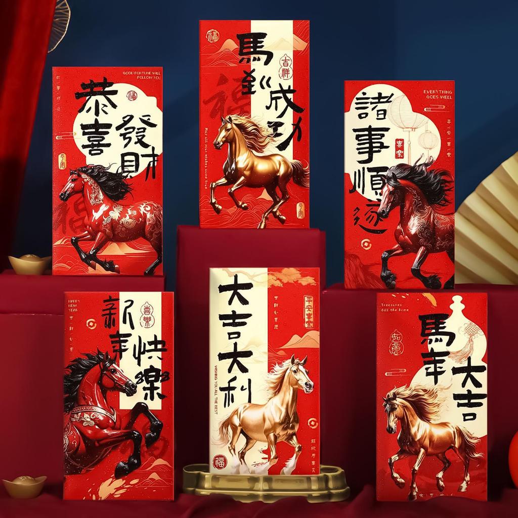 Chinese New Year Red Envelopes 6 Pieces Holiday Favor Year Of The Horse Red Packets 2026 For Birthday Party Wedding Celebration