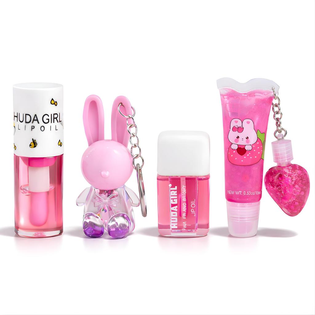 HUDA GIRL Korean Lip Gloss Set - 2in1 Tube Lip Gloss, Rabbit Keychain Lipgloss, Liquid Lip Oil, Swiss Pink Lip Tint - Moisturizing & Pigmented Li
