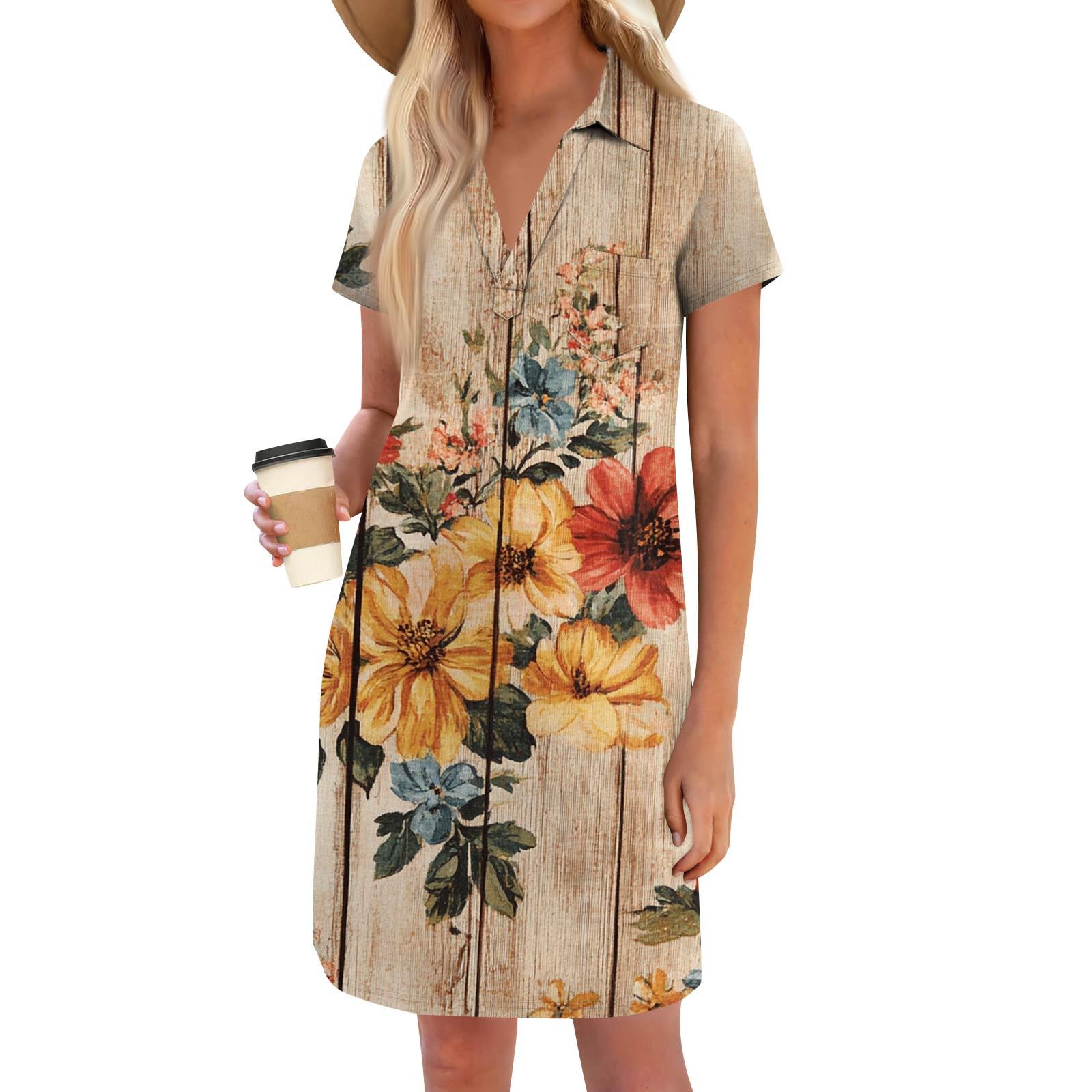 

Жіночі модні повсякденні вільні сукні-футболки з V-подібним вирізом і невеликою кишенею з короткими рукавами XL жовтий