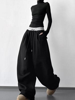 Women's Black High-Waisted Sweatpants, Winter 2025, Loose Slimming Straight-Leg, Wide-Leg Street Casual Sports Pants.
