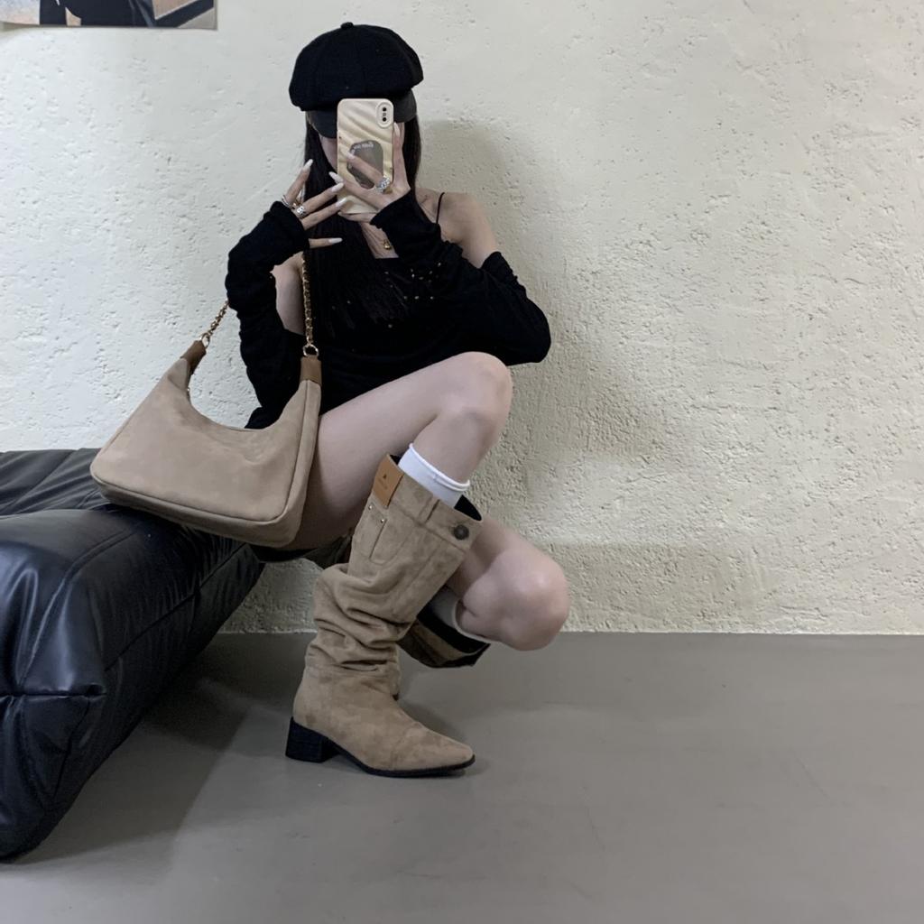 2025 New Autumn and Winter Pleated Piled Boots Round Head Thick Heel Suede Two Wear Knight Women's Boots