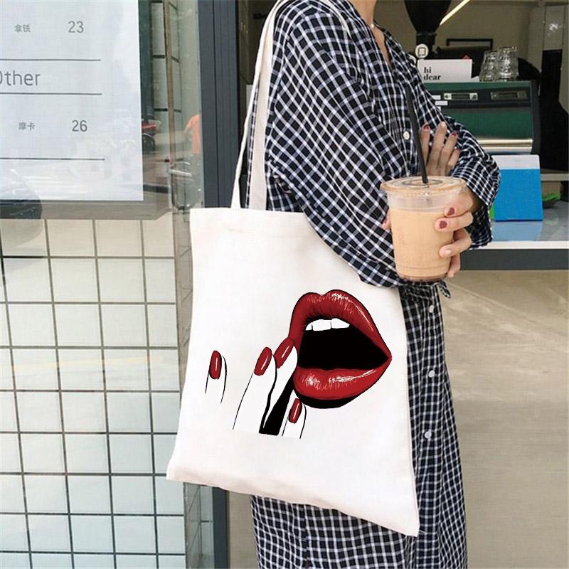 Lady Shoulder Bags Fashion Lips Nails Casual Foldable Shopping Bag Handbag Women Elegant Canvas Tote Bags