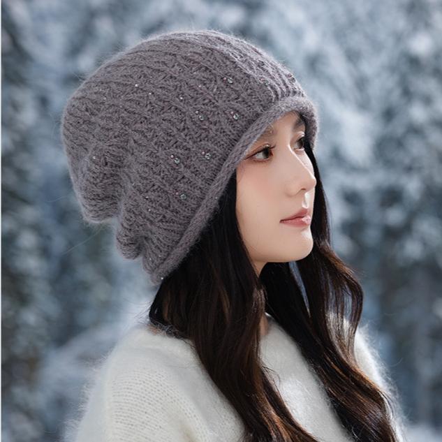 Hat Women's Autumn and Winter Fashion Rabbit Fur Thermal Hat Fleece Thickened Windproof Knitted Wool Hat