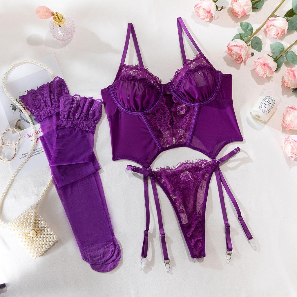 New Sexy Lace Fishbone Camisole Bra & Stockings Set