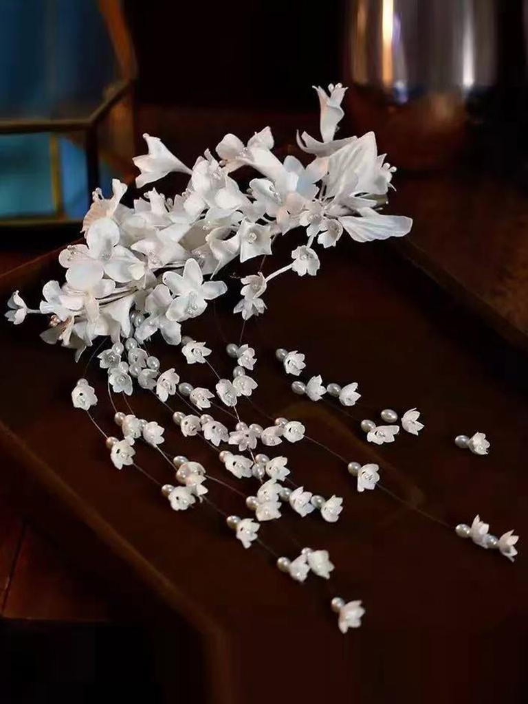 2026 New Chinese Style Flower Hairpin Pearl Luxury Tassel Side Clip Side Clip Bridal Headwear Hairpin Flower Women's Accessories