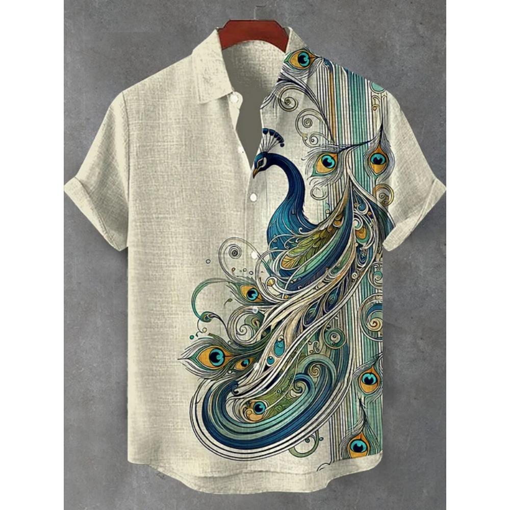 2026 Summer New Peacock Print Short Sleeve Shirt Men s Casual Loose Breathable Hawaiian Shirt Resort Style Trendy Men s Top S