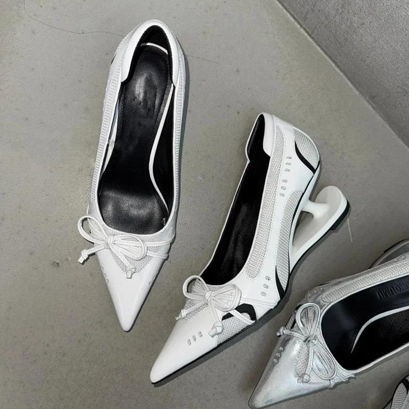 Fashion Silver Pointed-toe High Heels 2025 Spring and Autumn New Style Elegant Bow Shallow Mouth Floating Single Shoe Dress