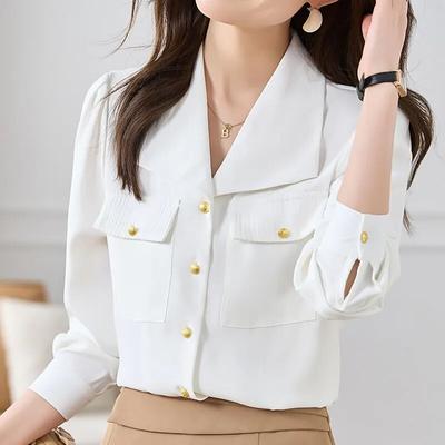 Fashion Button Up Chiffon Blouse Women Office Lady Long Sleeve White Shirts Elegant Womens Tops V Neck Clothes 29324