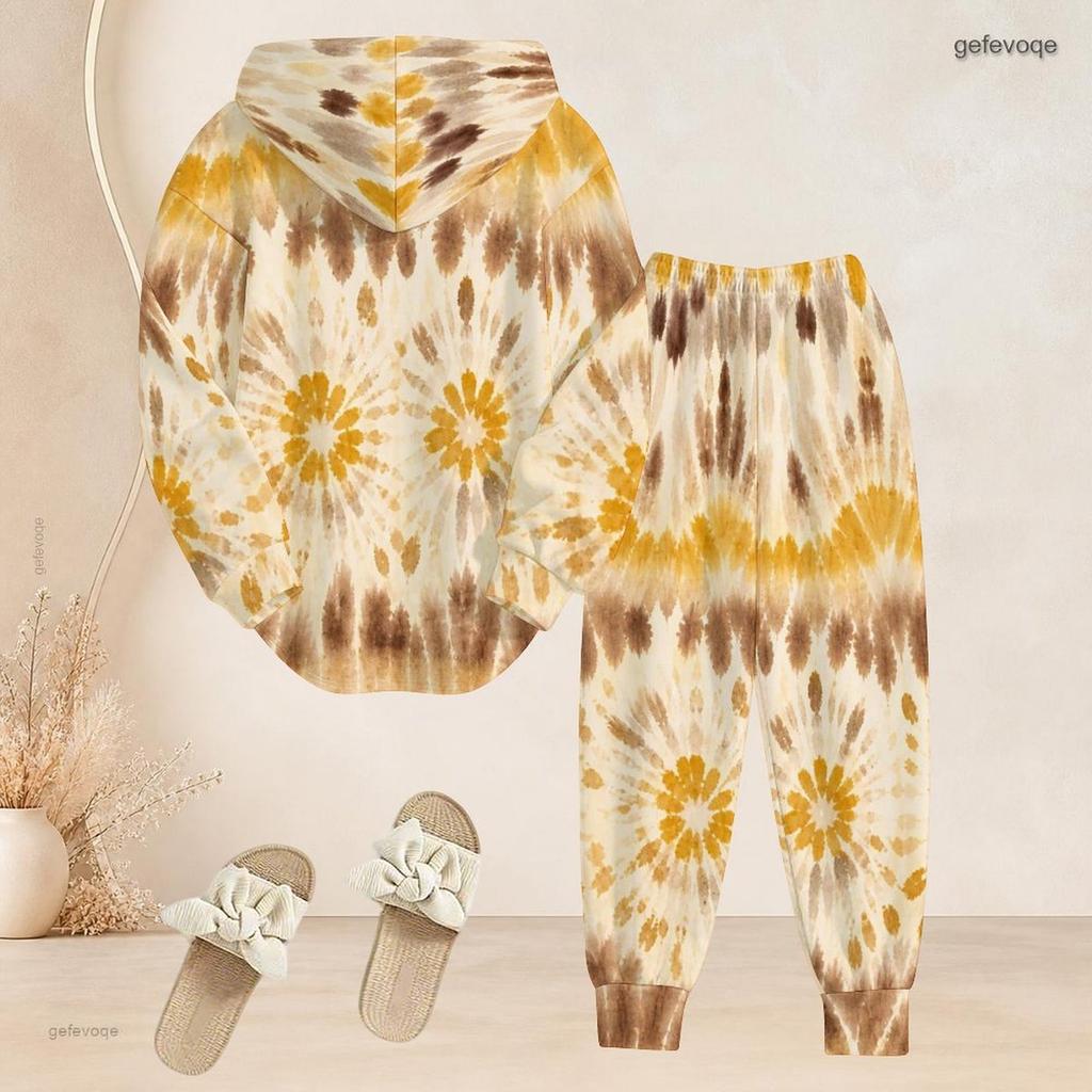 Women Plus Size Two Piece Set Hooded Long Sleeve Printed Top Cuffed Dark Blue Pants