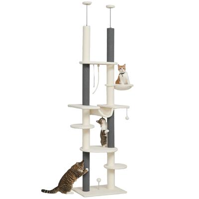 Cat Tree, Ceiling-High, Adjustable 225-255 Cm, Platforms & Hammocks, Anti-Tip Safety, White