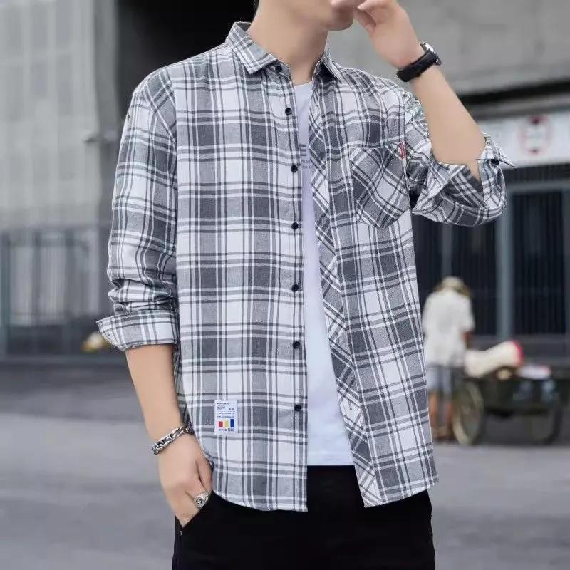 Spring Autumn Men's Long-sleeved Lapel Plaid Shirt Men's Versatile Retro Casual Shirt Blouse Jacket Men's Striped Plaid Shirt