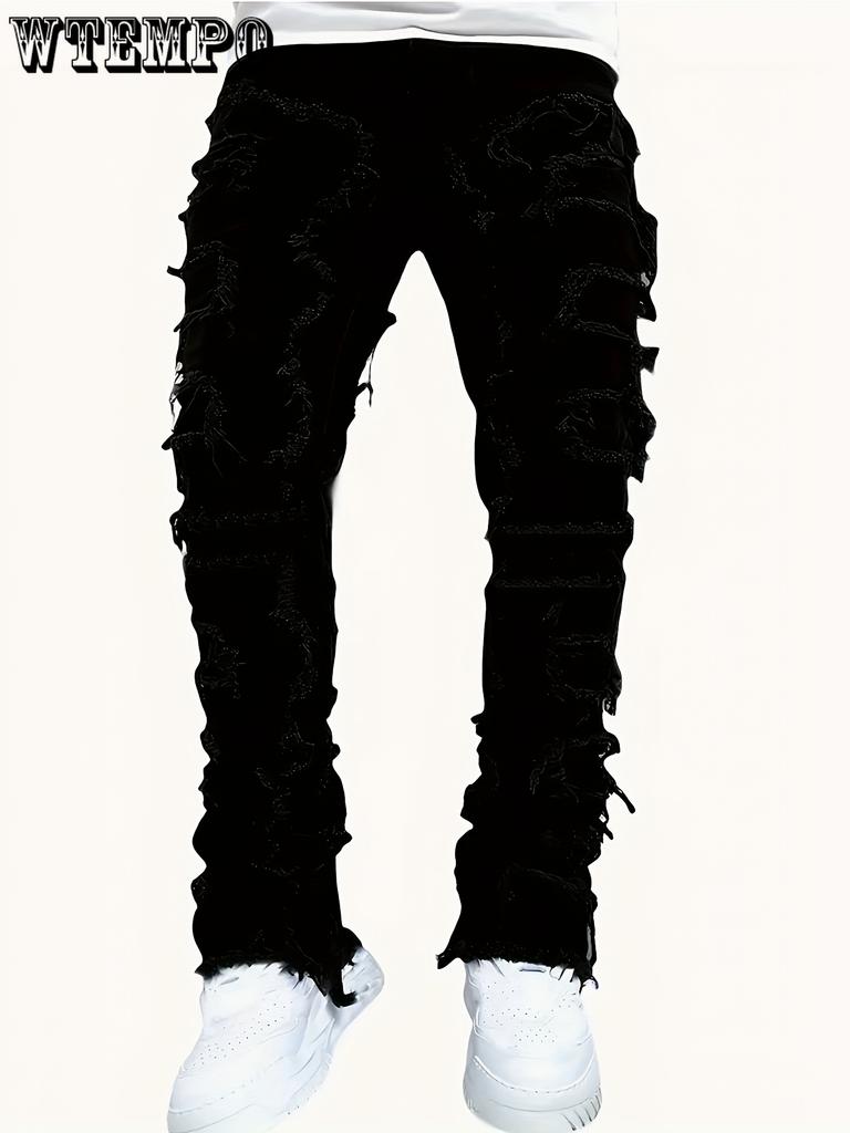 Design Durável, Jeans Masculino Slim Fit Bordado - Denim Elástico, Estilo Casual, Lavável à Máquina - Perfeito para Todas as Estações