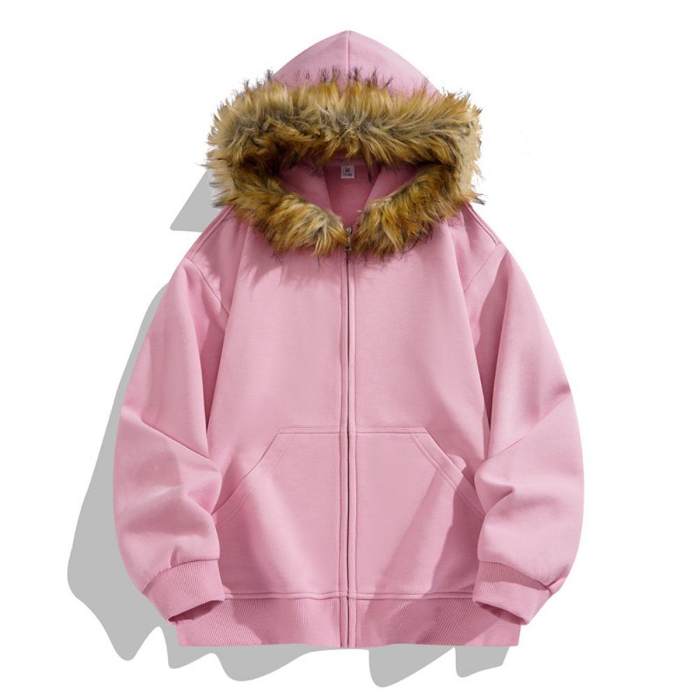 American retro hooded fur collar diagonal placket thermal zipper sweater men's and women's European and American trends