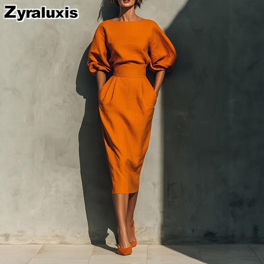 Spring/Autumn New Women's Clothing Set - Boat Neck Bubble Sleeve Top with High Waist Ruffled Skirt for Vacation