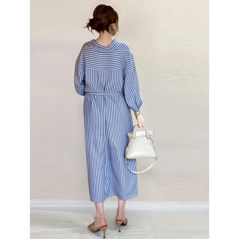 Japanese and Korean Spring New Arrival Work Clothing Ol Artsy Polo Collar Stripes Belt Mid Length Long Length Long Sleeves Shirt Dress Dress