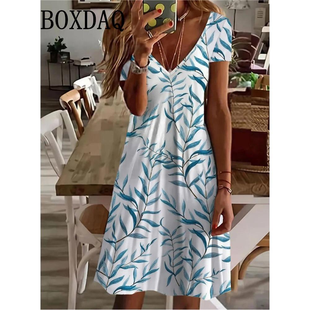 Women's Sundress Midi Dress Short Sleeve Floral Print Summer Casual V Neck Loose Dresses Plus Size 2024 Female Clothing Vestidos