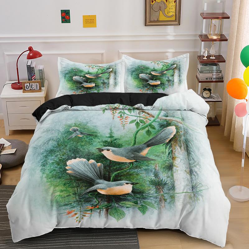 Hummingbird Duvet Cover Set King/Queen Size Small And Cute Tropical Bird Yellow Flower Green Leaves  Bedding Set Women