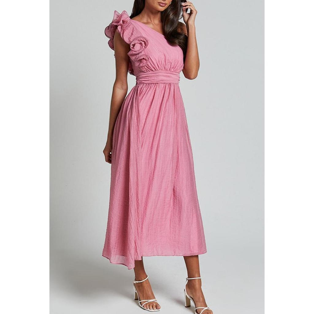 2025 Spring Summer Women's Dresses Elegant One Shoulder Sleeveless Pleated High Waist Female Long Dress Chic Ladies Holiday Robe