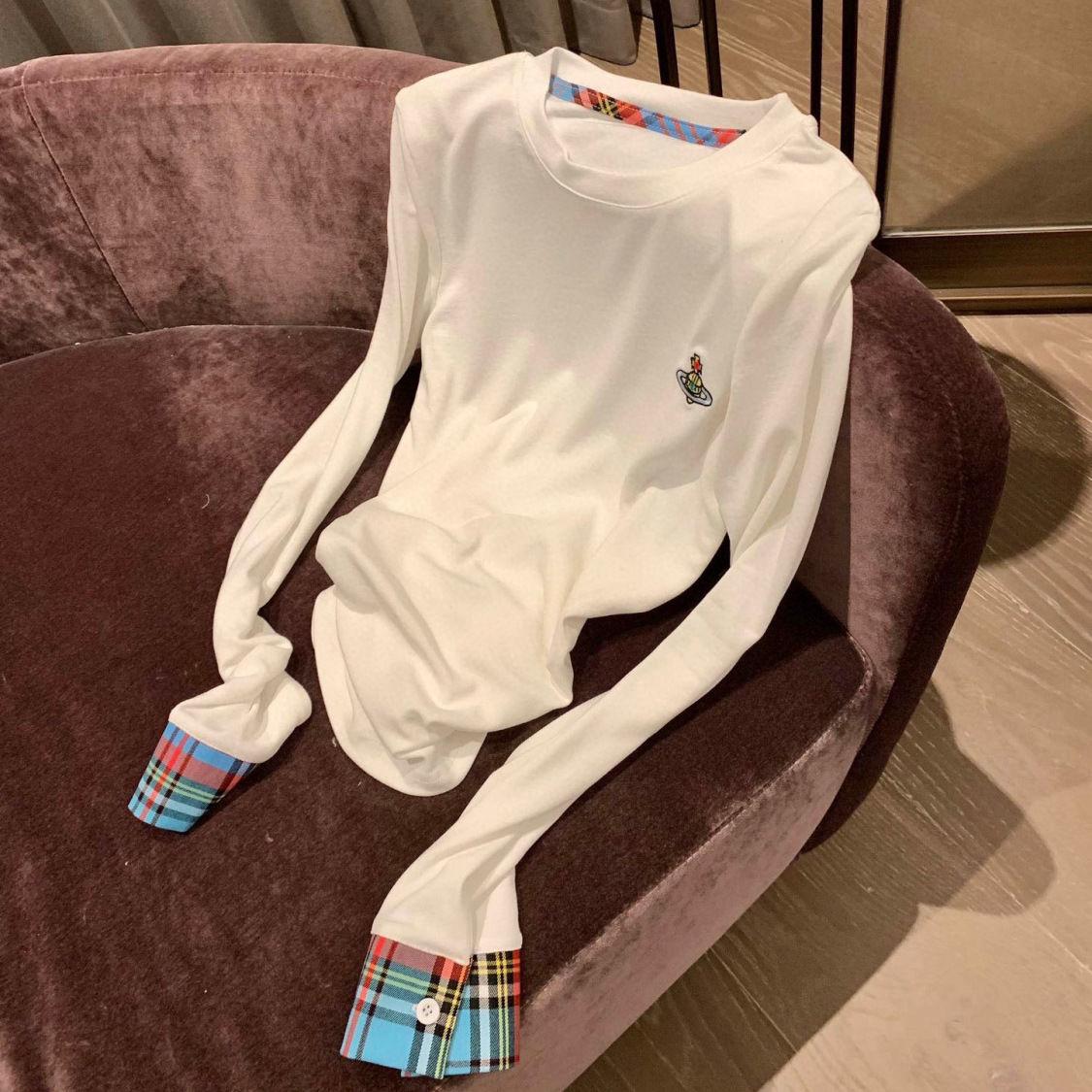 Осенне-зимняя милая вышитая клетчатая рубашка, элегантная вышитая футболка с длинным рукавом, женская облегающая поддельная двухкомпонентная повседневная футболка S белый