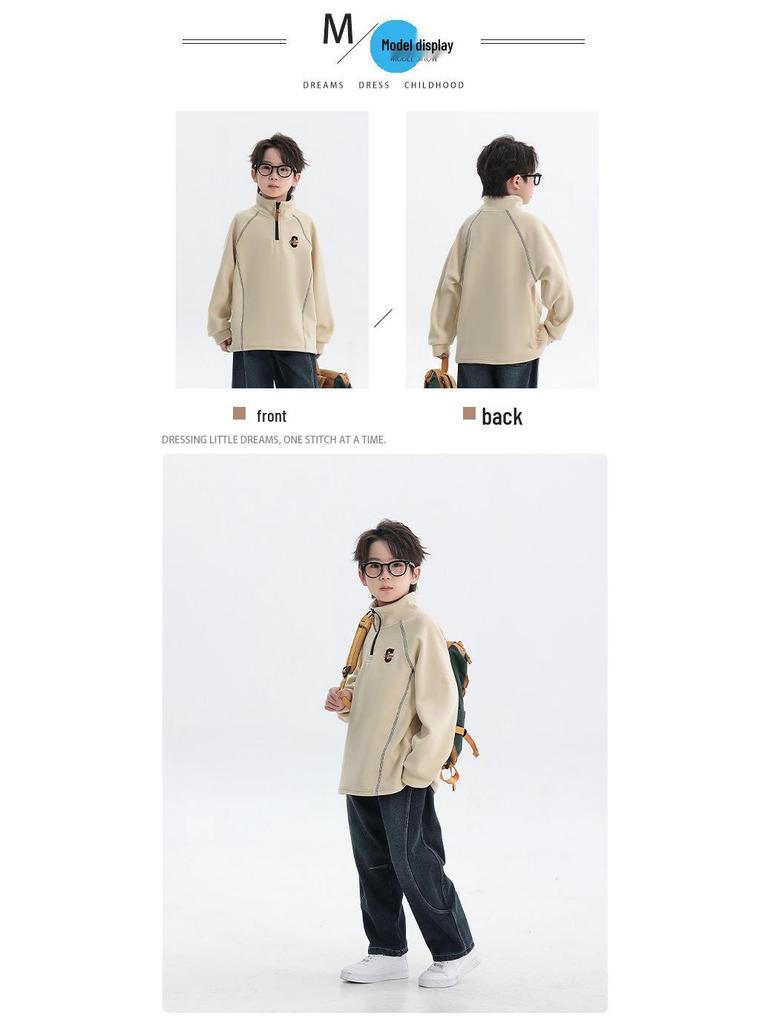 Boys' 2025 Winter Fleece-Lined Half-Zip Pullover Hoodie for Medium and Older Children