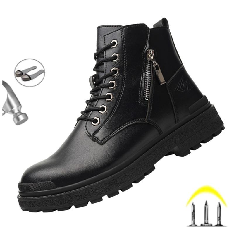 New Fashion Black Leather Men Work Safety Boots Zip Ankle Indestructible Steel Toe Cap Anti Smashing Shoes Male Footwear