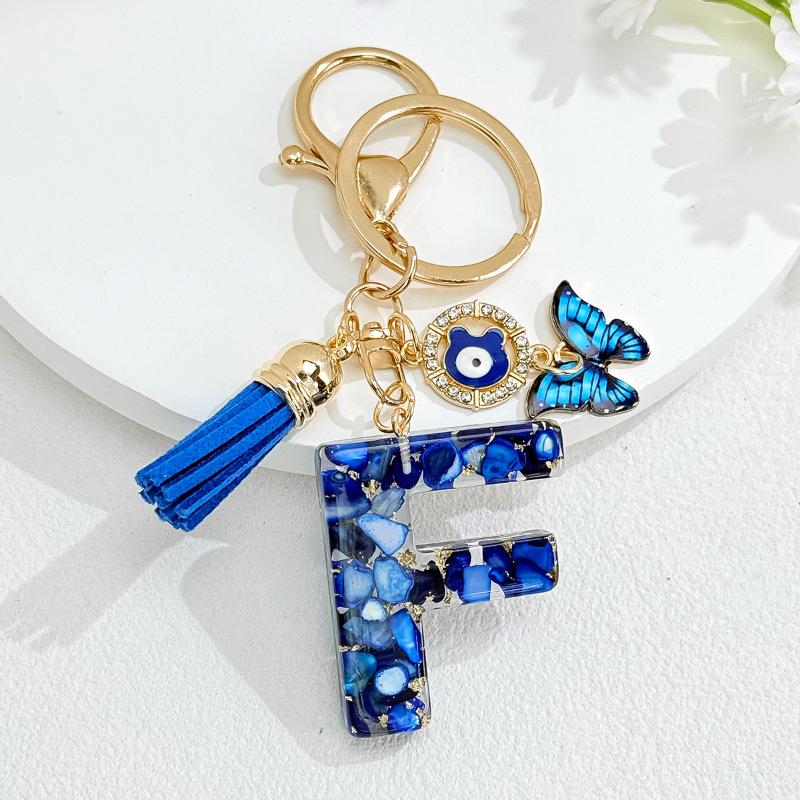 Fashion Blue Glazed Stone A To Z Letter Keychain 26 Initials Alphabet Butterfly Tassel Pendant Car Keyring Women Jewelry Gifts