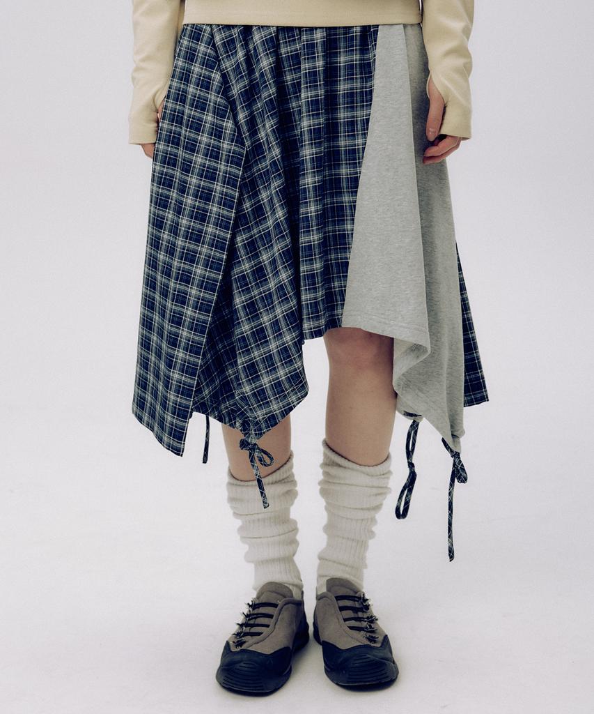 Some Place Check Asymmetrical Tie-Up Strap Flare Layered Midi Wrap Skirt _ 2 Colors