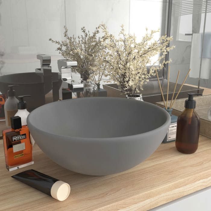 VidaXL Lavabo Rond de Luxe de Salle de Bain Vasque à Poser de Toilette Lave-mains Salle Cosmétique Intérieur Gris Clair Mat 146971