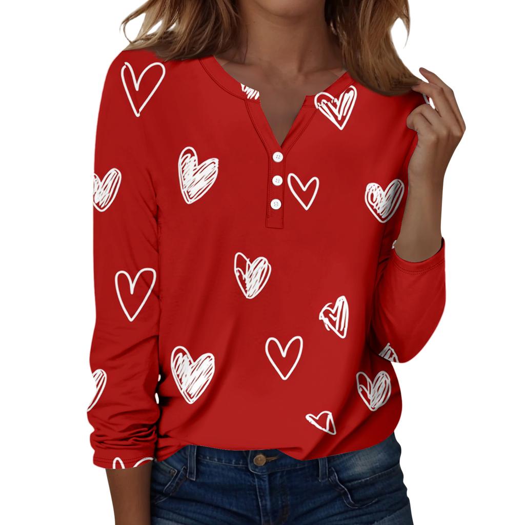 Damen T-Shirt mit Weihnachtsdruck, Knopfleiste, lange Ärmel, für den Alltag, Wochenende, modisch, Basic, V-Ausschnitt, normales Oberteil