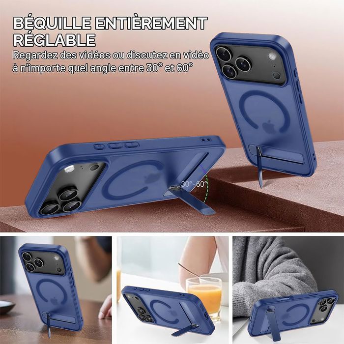 Coque pour iPhone 18 Pro Max, Protection Hybride avec Support et Anneau Magnétique - Bleu Foncé
