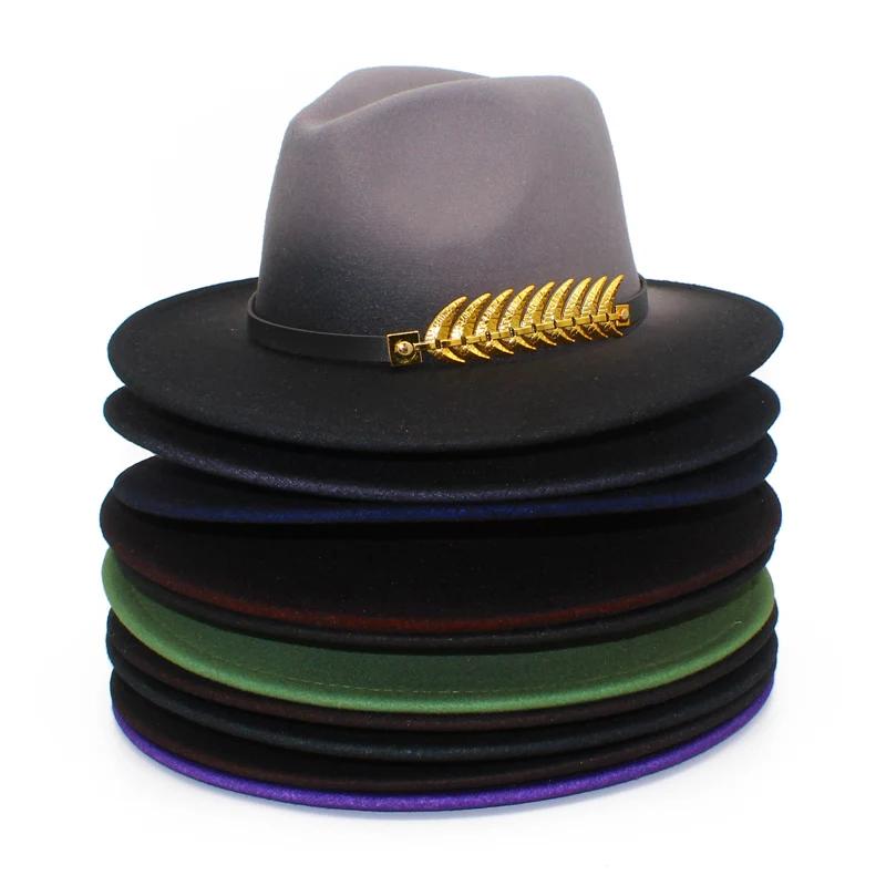 Gradient Color Fedora Hat for Women Men Wide Brim Felt Bowler Hat Luxury Casual Leather Belt Fedoras Chapeau