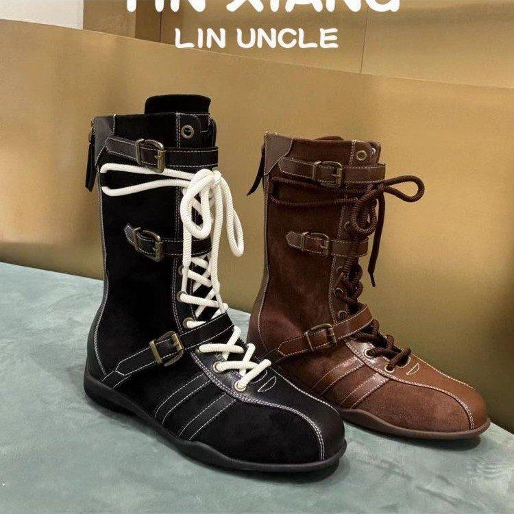 Cowhide version~ 5cm inner height increase thick-soled boxing boots women's upgraded version duck hunting boots belt buckle design Martin boots sho