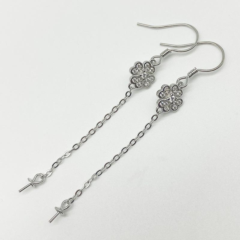 Yan Sheng S925 Sterling Silver Pearl Four-Leaf Clover Earrings with Tassel Dangle DIY Hooks. 925 Silver