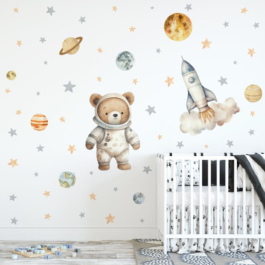 Cute Bear Astronaut Space Rocket Wall Sticker Self Adhesive Removable Kids Room Nursery Decor