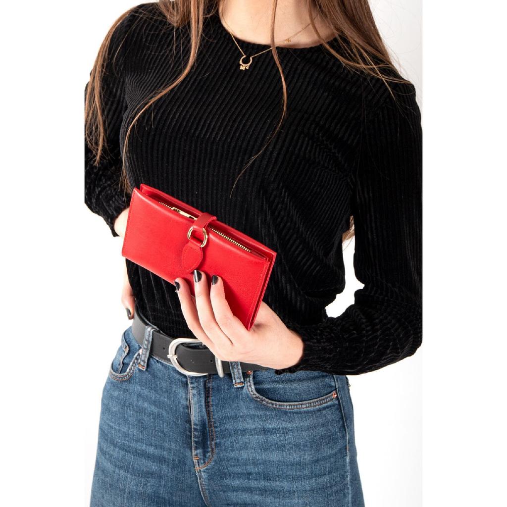 Rote Damenbrieftasche mit weicher Hautschnalle und Zubehör mit mehreren Fächern