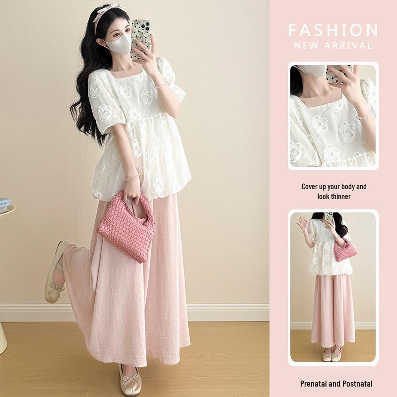 2026 French Style Maternity Set: Spring/Summer Chiffon Top & Pink Skirt Double Extra Large