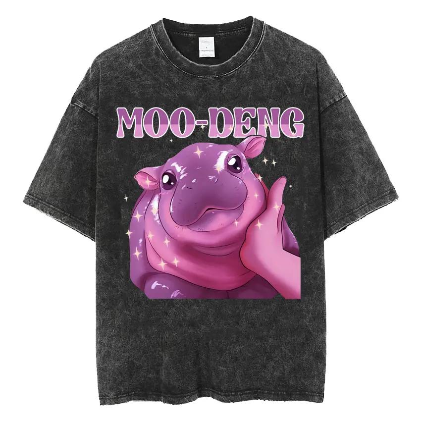 Cute Hippo Moo Deng Rap Vintage Washed T Shirt Funny Meme T Shirts Men Women Fashion Oversized Cotton T-shirt Streetwear