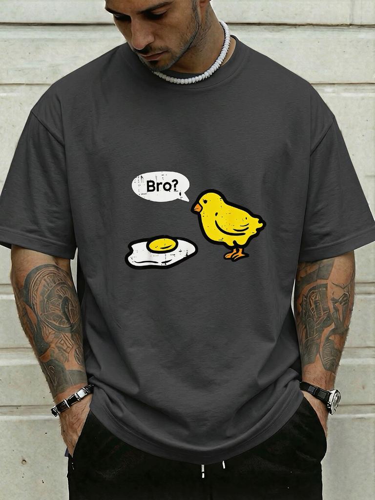 Funny Retro Chick Fried Egg Bro Dialogue Cartoon Graphic Print Unisexs Crew Neck Short Sleeve Tee Casual Daily Soft Basic Wear Top