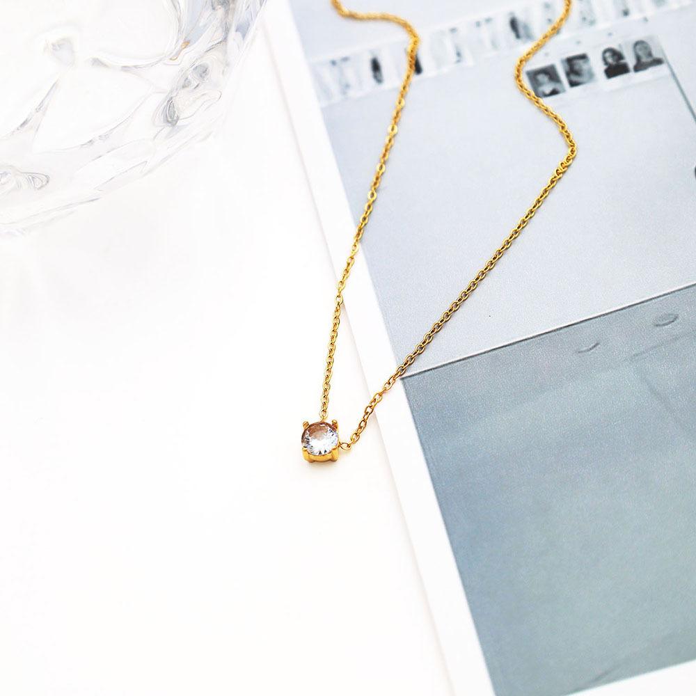 Stylish And Simple 18K Gold Collarbone Chain, Small And Exquisite Stainless Steel Four-Claw Round Zircon Necklace, Female Versatile