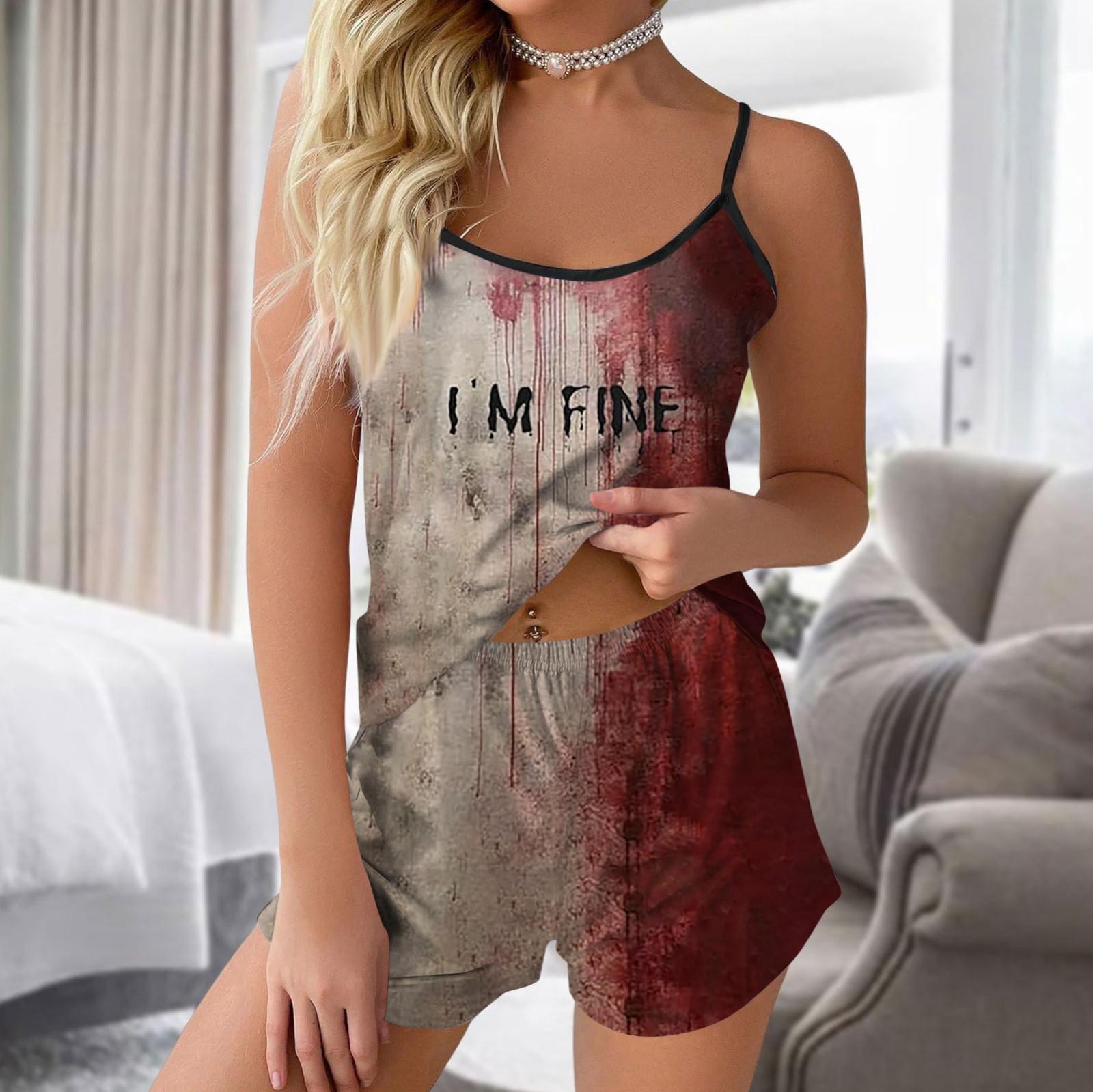 

Женская мода Хэллоуин принтованный комплект без рукавов топ шорты с пижамой XXL чёрный