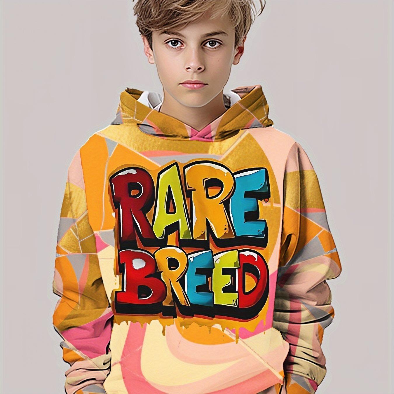 

3D digital printed graffiti style RARE BREED contrasting geometric color block pattern hooded sweatshirt 13-14Y